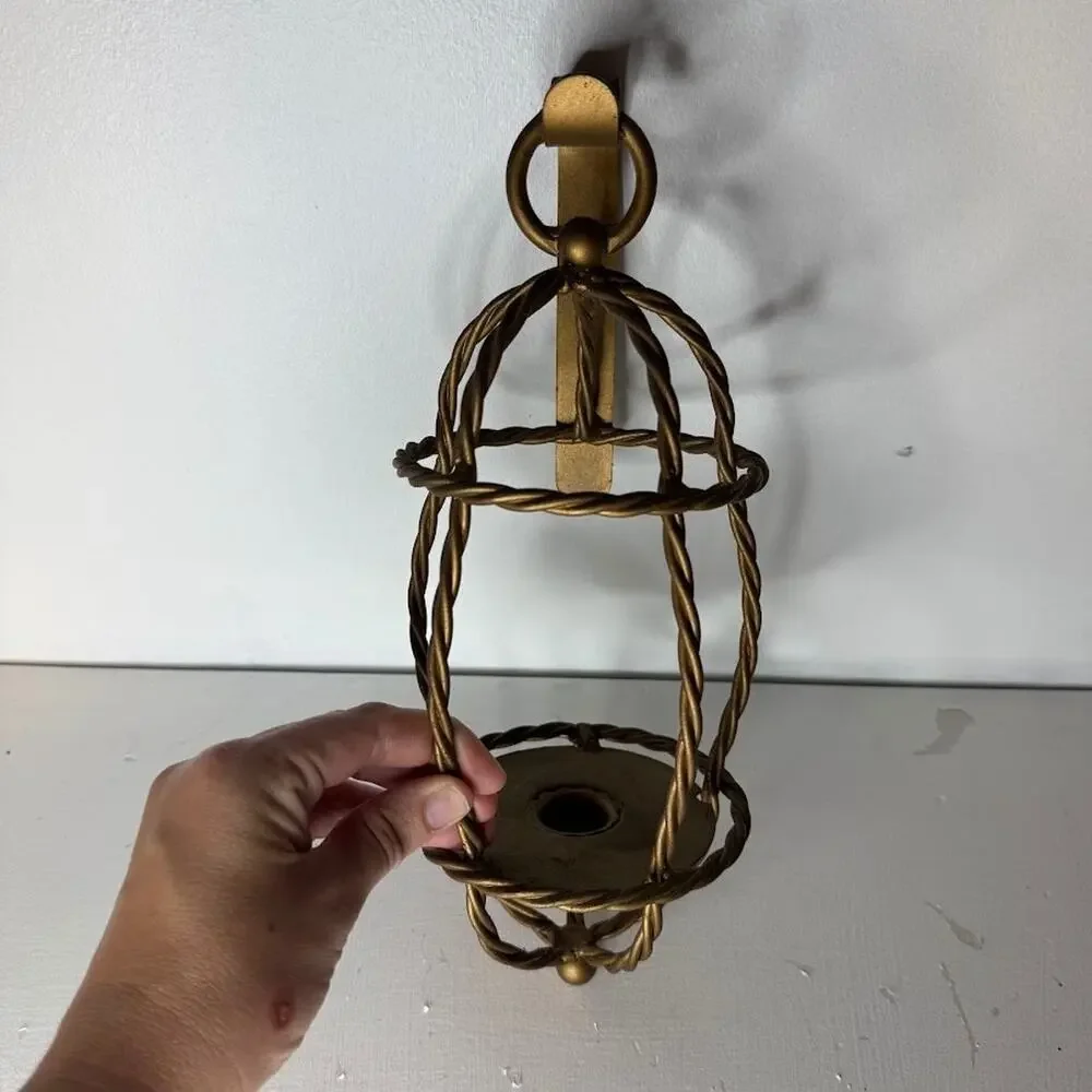 Vintage Twisted Metal Caged Candle Stick Wall Sconce Gold MCM Style